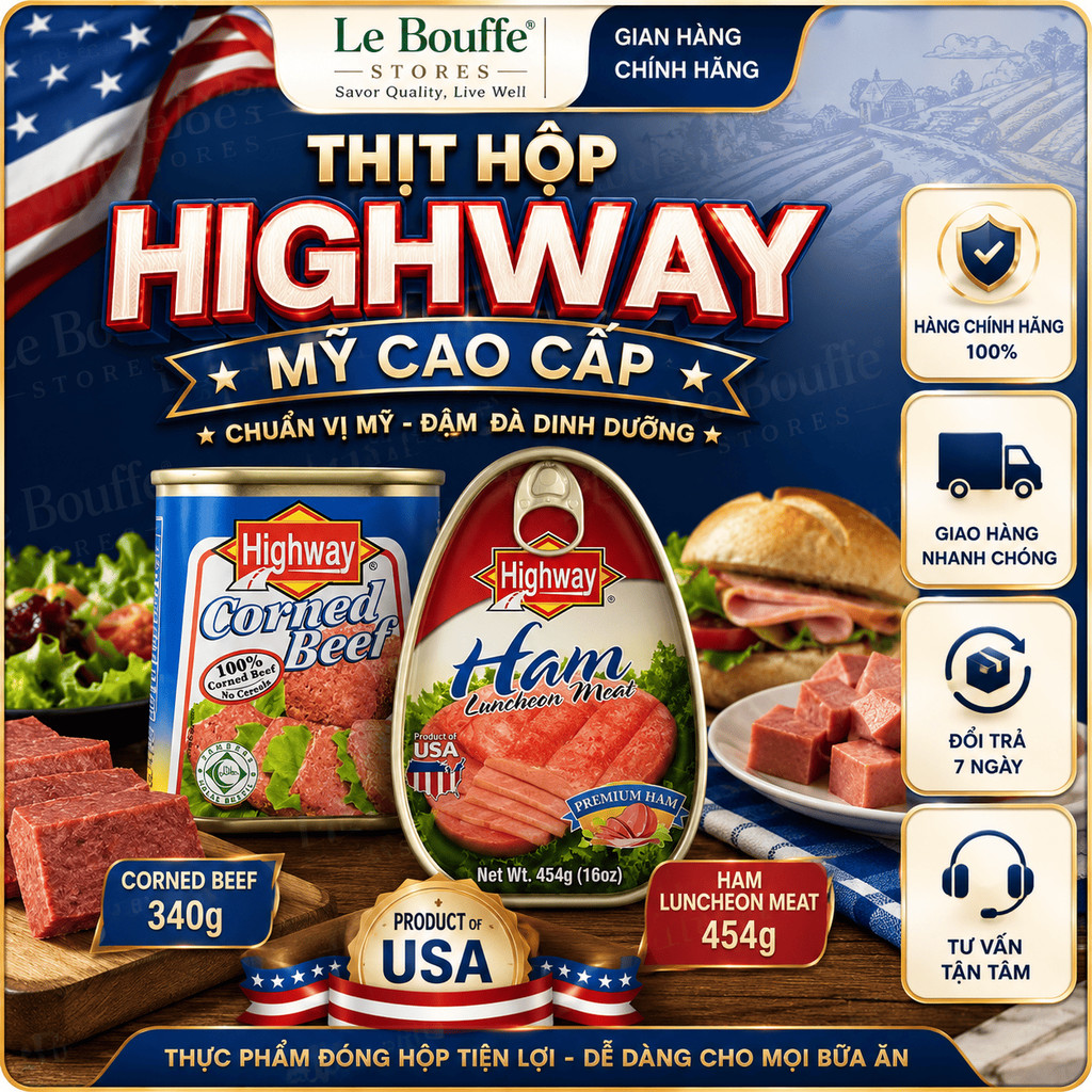Thịt Hộp Highway Mỹ Cao Cấp 340g - 454g [Thịt Bò Muối Corned Beef Lon Xanh / Thịt Heo Đùi Ham Hộp Đỏ] Đóng Hộp Tiện Lợi