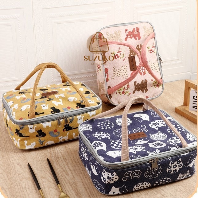 Túi đựng hộp cơm trưa cute, Túi giữ nhiệt văn phòng size lớn 4, 5 ngăn vải Canvas lót Bạc chống nước TC38