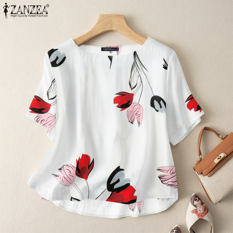Hijabfab ZANZEA phụ nữ áo cộc tay mùa hè O cổ Chemise Áo sơ mi công sở in hoa áo cánh #0630