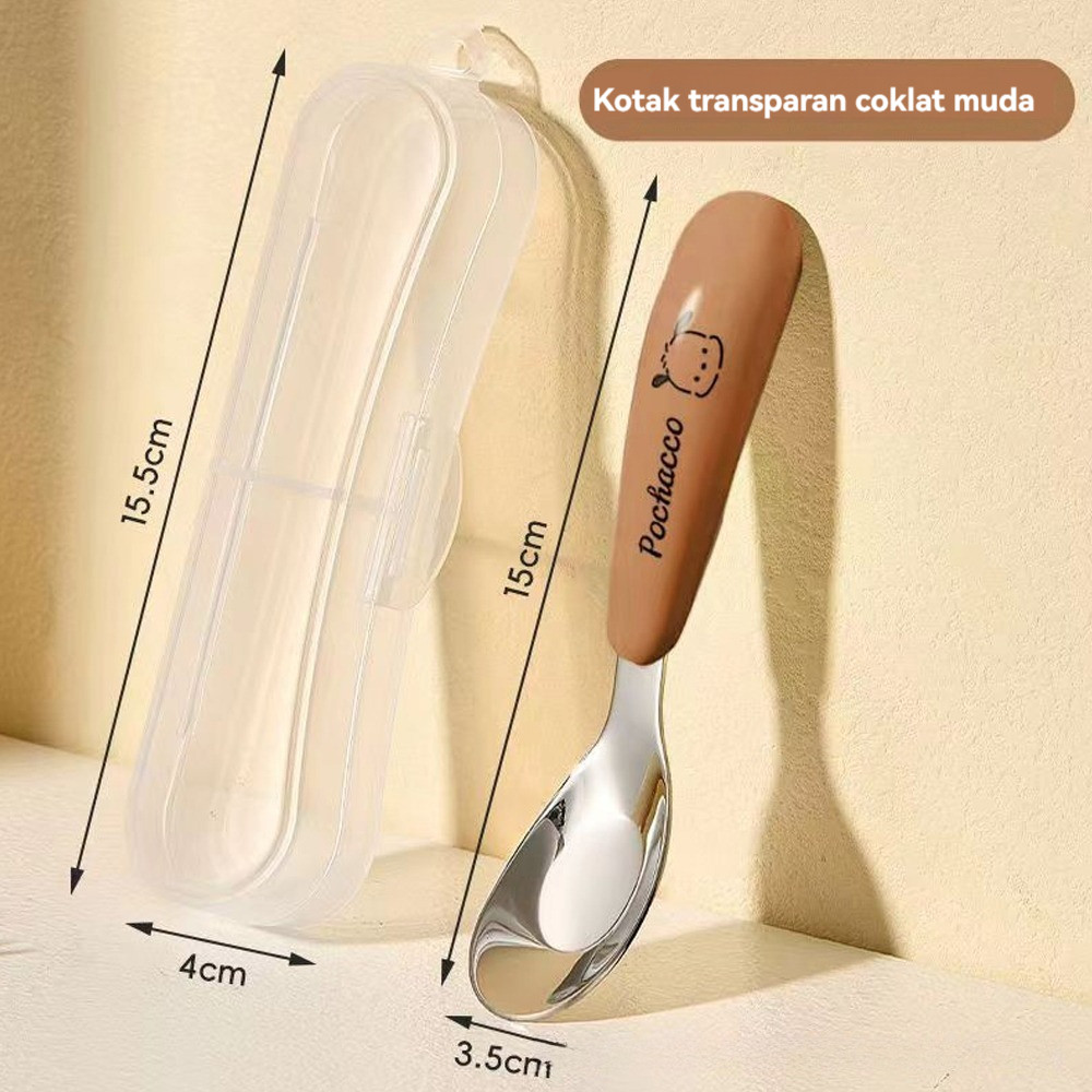 Sendok Stainless Steel (Termasuk Sendok Kotak) Sendok Bayi Sendok Garpu Portabel Alat Makan Perjalanan Anak-anak