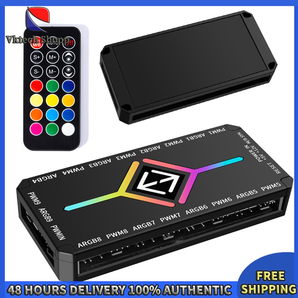 Vktech Argb Pwm Fan Splitter Adapter 1 to 9 Ports with Remote Control for Computer Cases and Gaming Pcs ราคา 169 บาท*ส่งฟรี