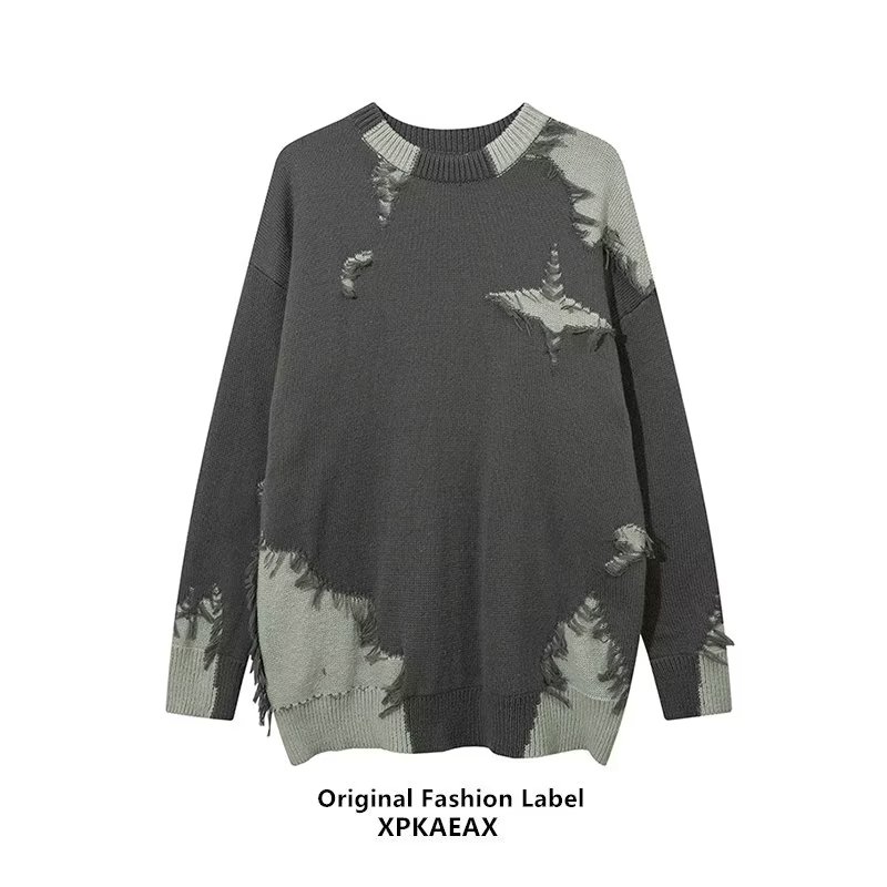 Lansboter áo khoác mùa đông áo sweater áo len mùa đông Mỹ retro màu tương phản rách lỗ Áo Len Hip-ho
