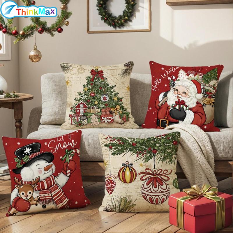 4 Pack Christmas Pillow Cover, 18"x18" Christmas Cushion Cover With Invisible Zipper, Breathable Linen Decorative Throw Pillow Covers For Home Couch Decor ราคา 204 บาท*ส่งฟรี