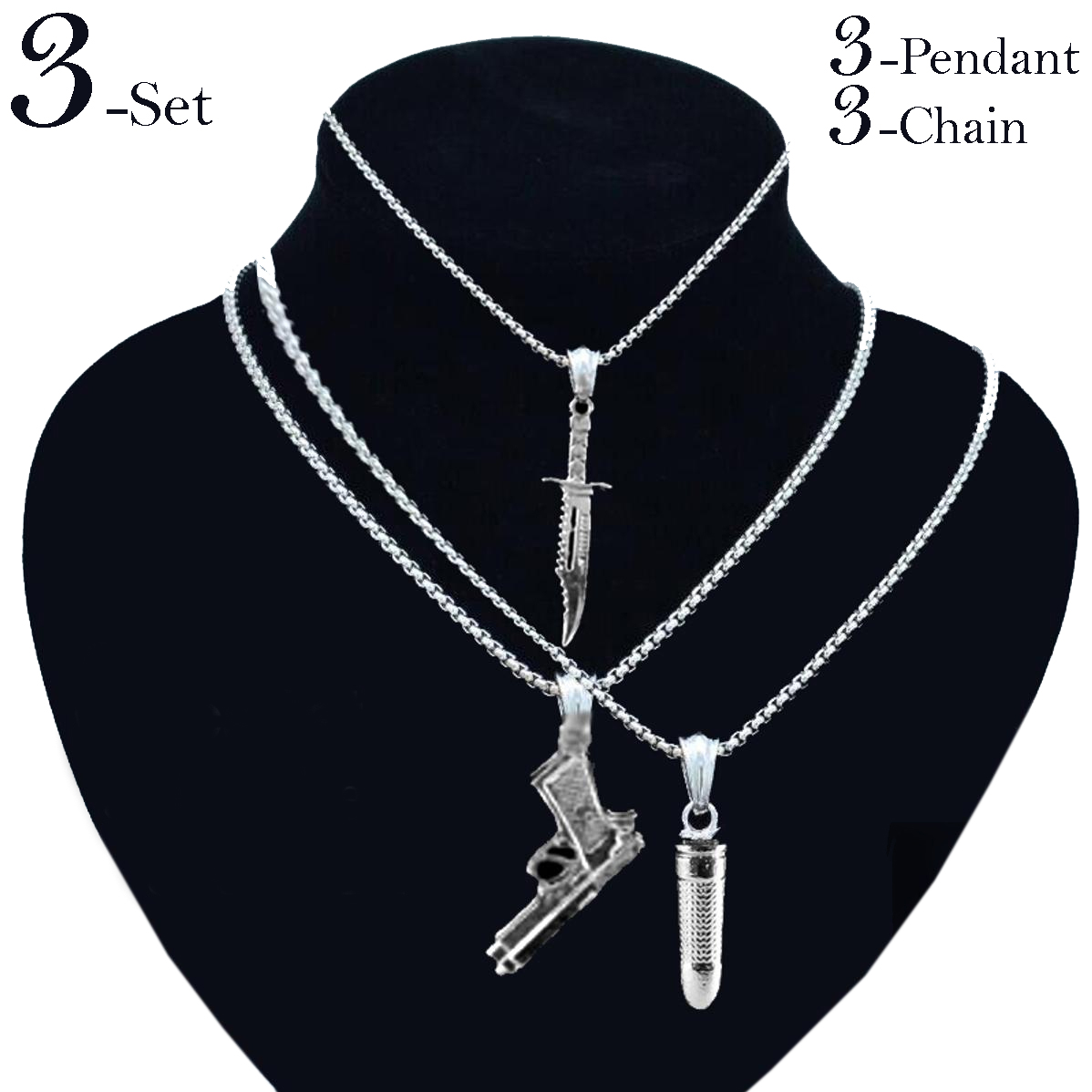 3 Pcs Set - Vintage Silver 3 Pendant With 3 Chain - For Girls Women Men Ladies Couples Unisex Friendship Mens Boys Locket Nacklace Couple Best Friend Ship Necklace