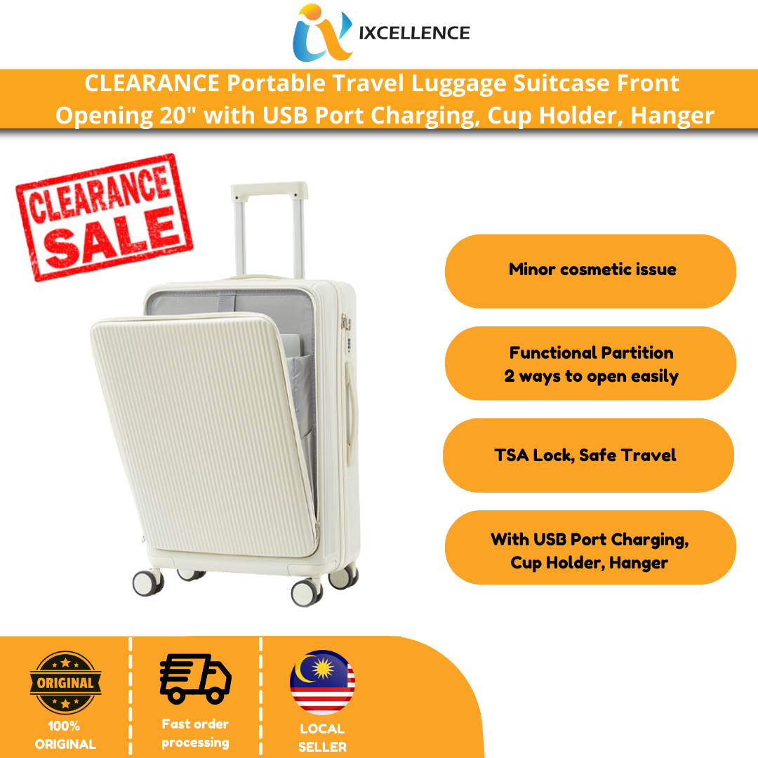 [IX] CLEARANCE Portable Travel Luggage Suitcase 20 inch with USB Port Charging, Cup Holder, Hanger (White Colour Only)