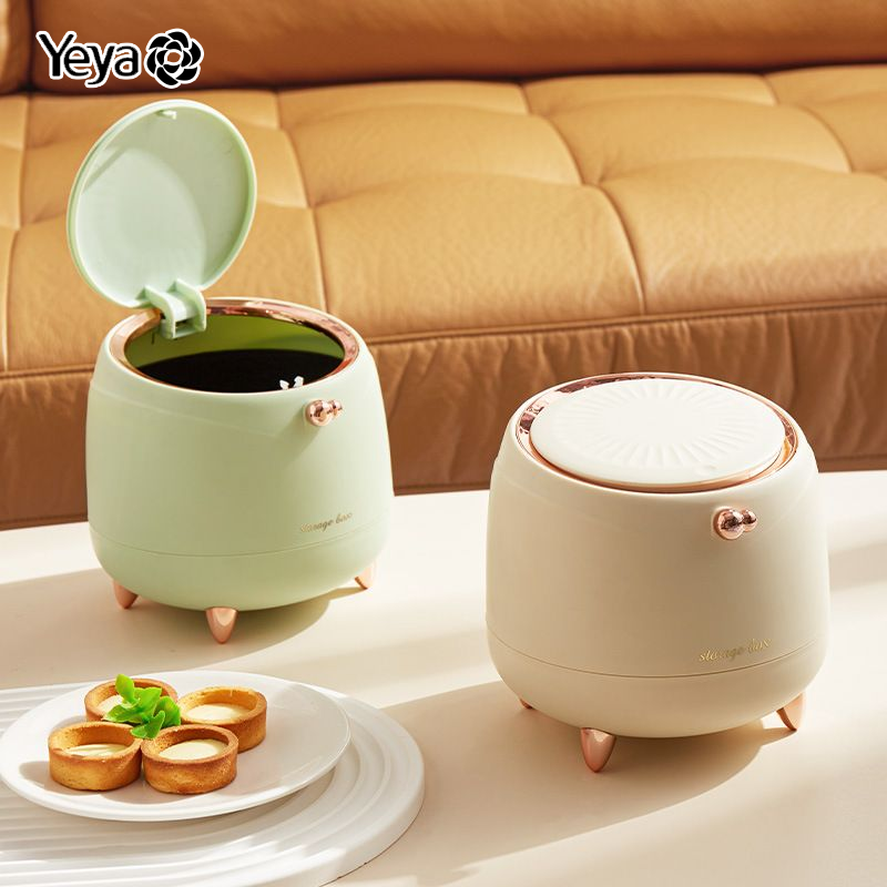 YEYA Thùng rác tái chế để bàn thùng rác gia đình đèn sang trọng đa chức năng lưu trữ đồ lặt vặt ống bàn nắp đẩy mở giỏ đựng rác mini