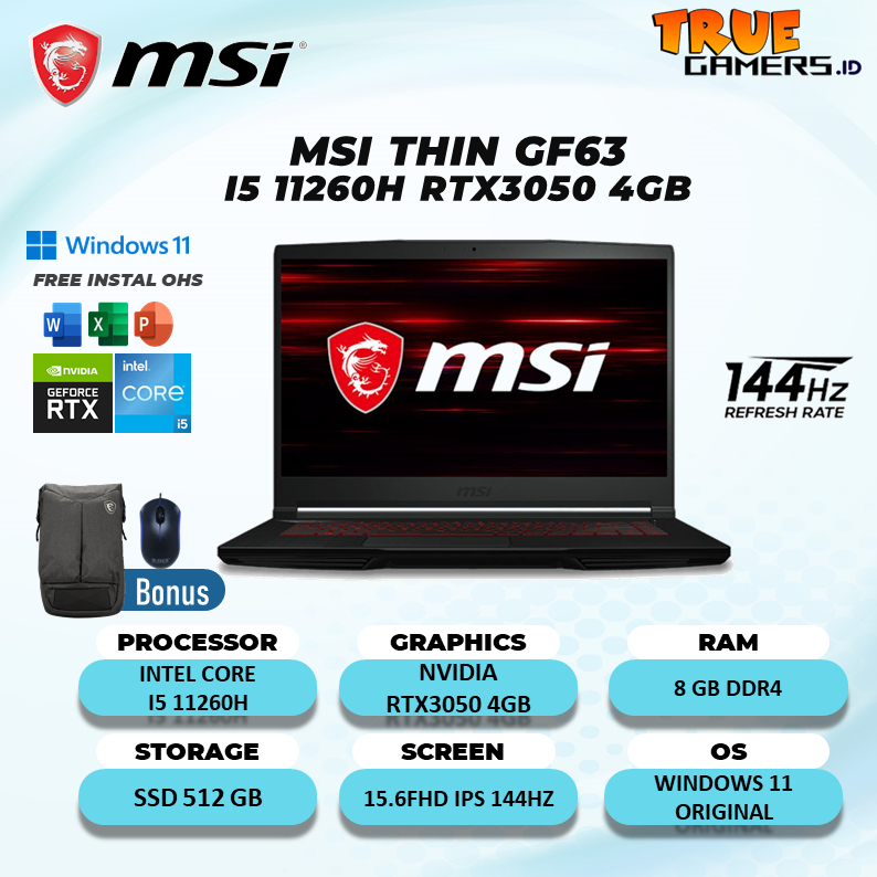Laptop Gaming MSI THIN GF63 RTX3050 4GB I5 11260H 16GB
