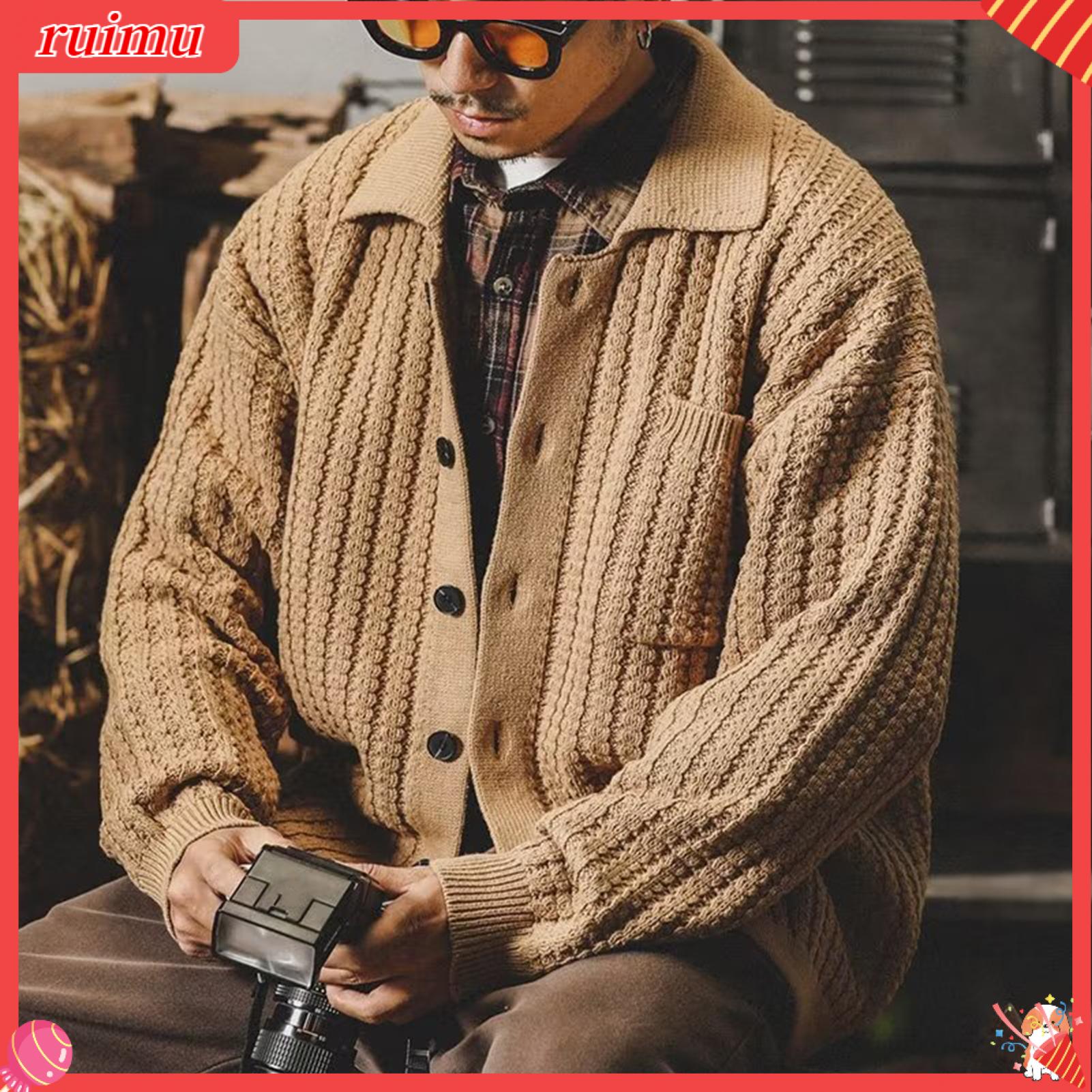 Ruimu Cardigan áo khoác áo len Nam Mùa Đông hàng Dệt Kim Nam áo khoác áo len với lần lượt cổ áo nhồi lông và túi ngực hoàn hảo cho mặc hàng ngày trong Mùa Thu/Mùa Đông Màu Trơn Hàng dệt kim cho nam giới