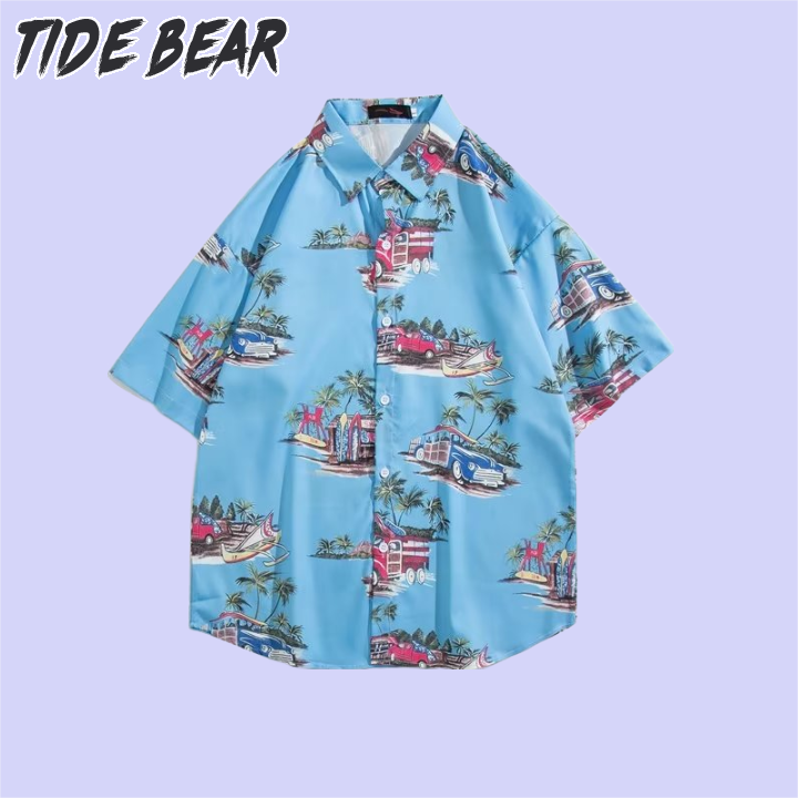 TIDE BEAR Men's shirt summer retro fashion simple urban style daily standard loose casual versatile short-sleeved shirt Hawaiian printed beach shirts ราคา 133 บาท*ส่งฟรี