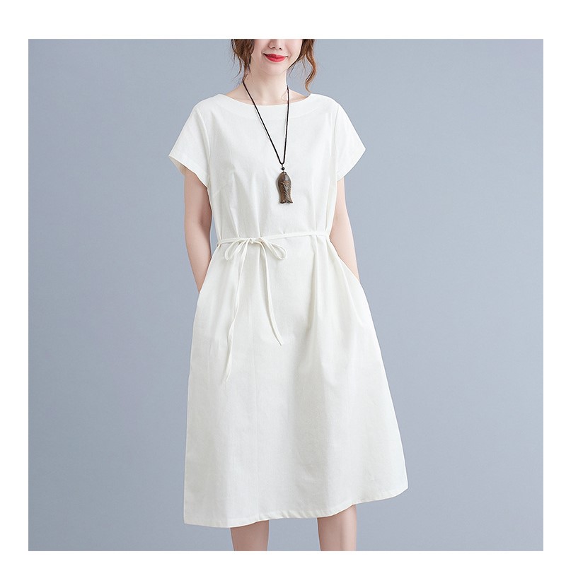 LZD Đầm suông linen tay ngắn màu trắng đai rời chất vải linen mềm mát thời trang phong cách Hàn Quốc QKT Da84