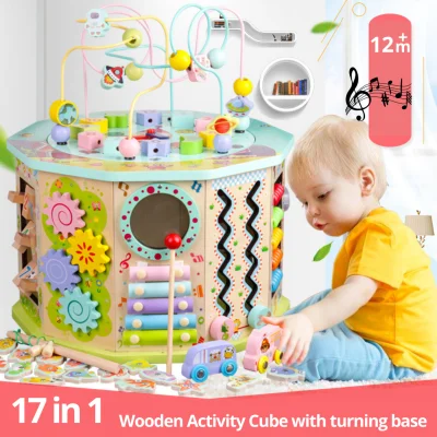 17 in 1 Wooden Activity Play Cube Busy Board Learning Multi Sensory Montessori Educational Toy for Baby & Toddler with Turning Base