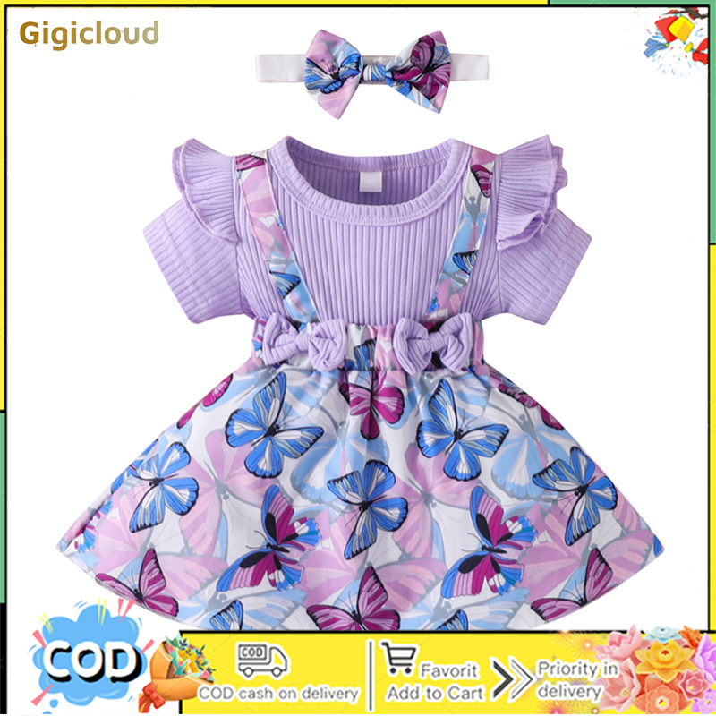 Girls Cotton Rompers Dress Summer Ruffle Short Sleeve Butterfly Print Tops And Bow Headband Outfits Set - ยี่ห้อ Gigicloud ราคา 220 บาท*ส่งฟรี