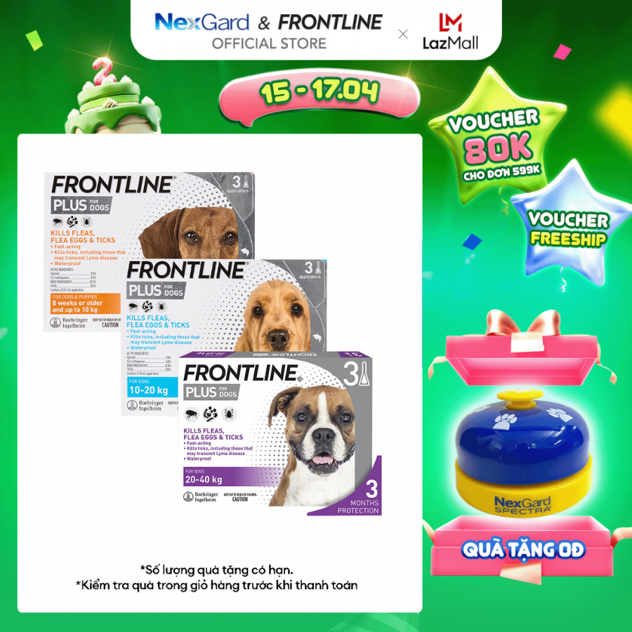 Frontline Plus - Tuýp nhỏ gáy phòng & trị ve, rận, bọ chét (trứng, ấu trùng, con trưởng thành) cho chó từ 2-40kg - 1 hộp 3 tuýp