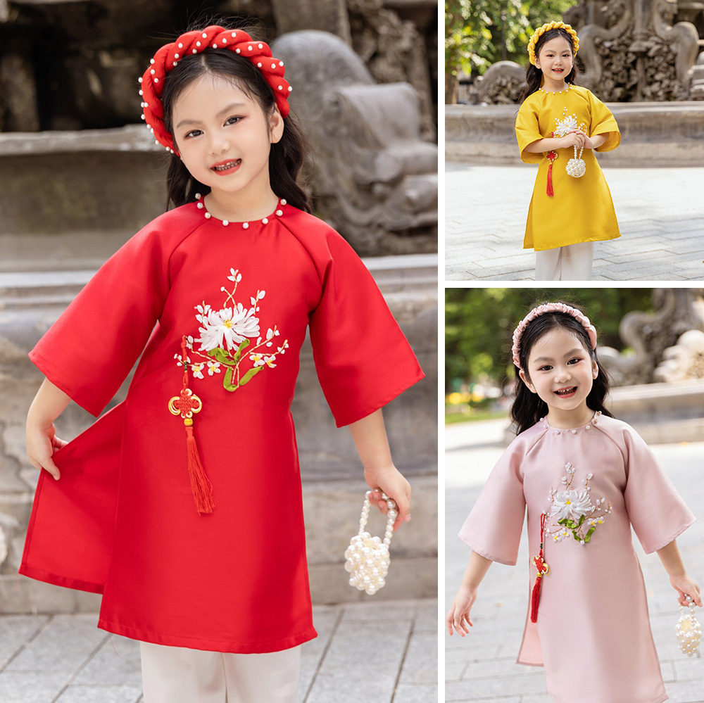 Áo dài bé gái thêu ruy băng thủ công hoa Cúc vải taffta đứng form set áo kèm quần MamLa