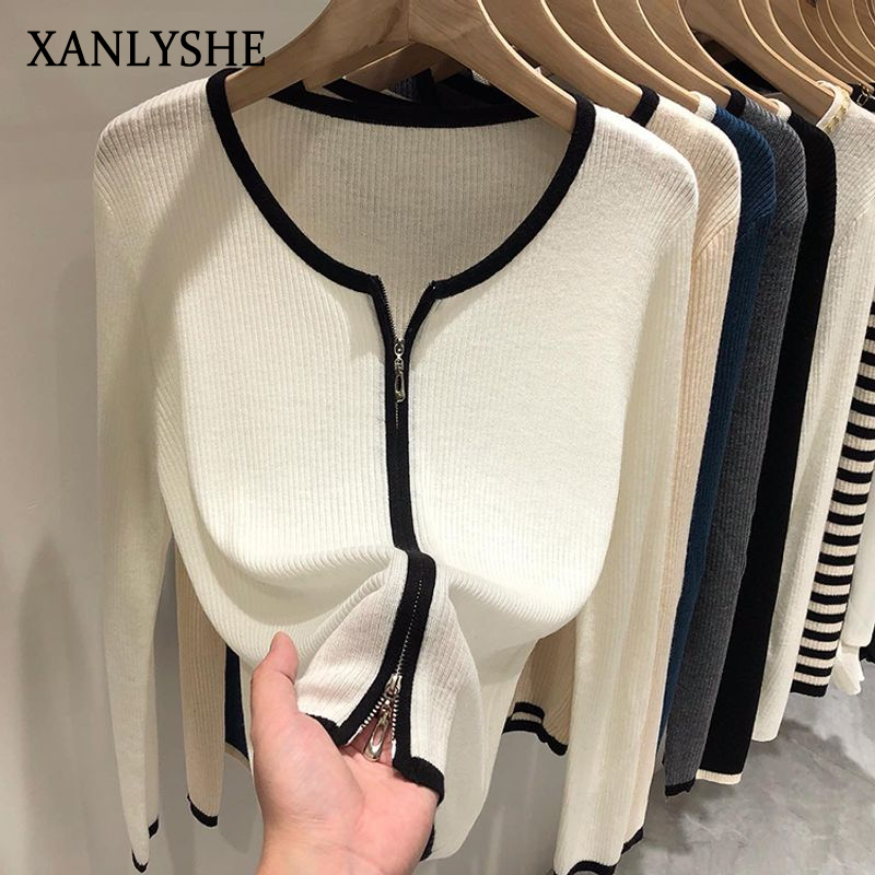 XANLYSHE  เสื้อคาร์ดิแกนถักแขนยาวแบบนุ่มมีซิปคู่สำหรับผู้หญิงเสื้อตัวในสไตล์ตะวันตกแบบใหม่ - ยี่ห้อ XANLYSHE ราคา 132 บาท*ส่งฟรี
