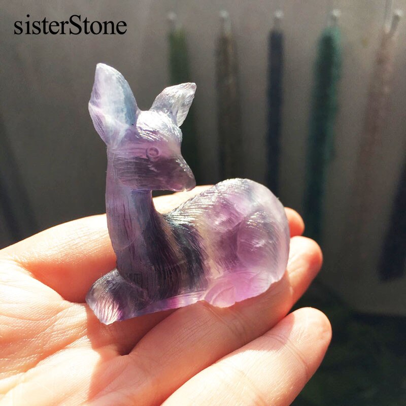 Natural Rainbow fluorite hand carved mini deer 2 quartz crystal healing stones hand carving animal for home decor stones (7)