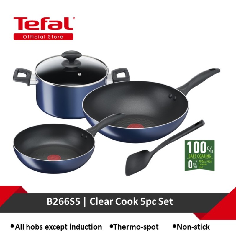 Tefal Clear Cook 5pc Set (Frypan 20 + Wok Pan 28 + Stewpot 22 + lid + Spatula) B266S5 Singapore