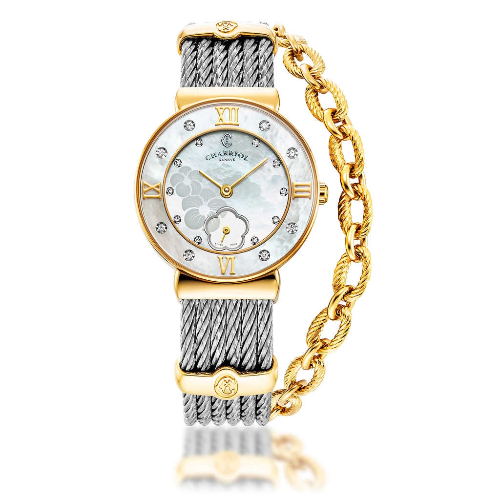 CHARRIOL นาฬิกาข้อมือผู้หญิง รุ่น ST TROPEZ ICON 30MM QUARTZ CALIBRE MOTHER-OF-PEARL HIBISCUS DIAL MOTHER-OF-PEARL WITH 8 DIAMONDS BEZEL ราคา 147,900 บาท*ส่งฟรี