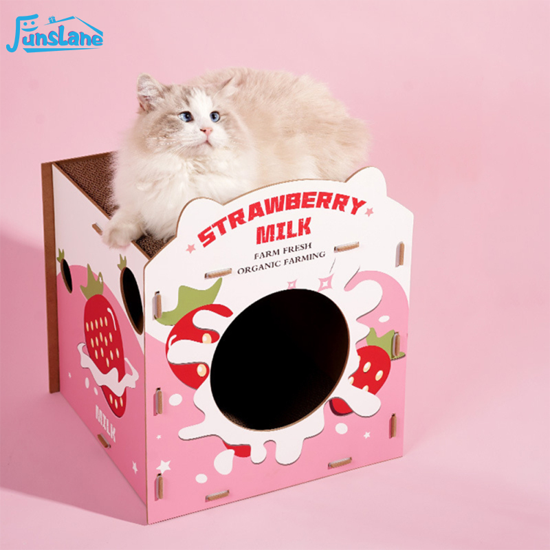 FunsLane Cardboard Cat House With Scratching Pad, Wear-Resistant Corrugated Double-Layer Cat Scratcher House With Strawberry Hole For Cats & Kittens & Small Animals ราคา 841 บาท*ส่งฟรี