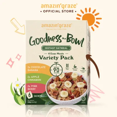 Amazin' Graze Goodness Bowl (Instant Oatmeal) Variety Pack (6 x 40g) - Halal Certified