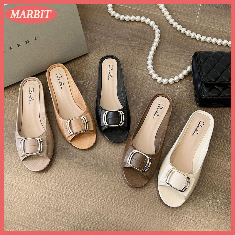 MARBIT Hot Sale รองเท้าแตะผู้หญิงสไตล์ใหม่ฤดูร้อนส้นหนาหัวเข็มขัดสี่เหลี่ยมแฟชั่นกลางแจ้งส้นแบนในแต่ละวัน ราคา 106 บาท*ส่งฟรี