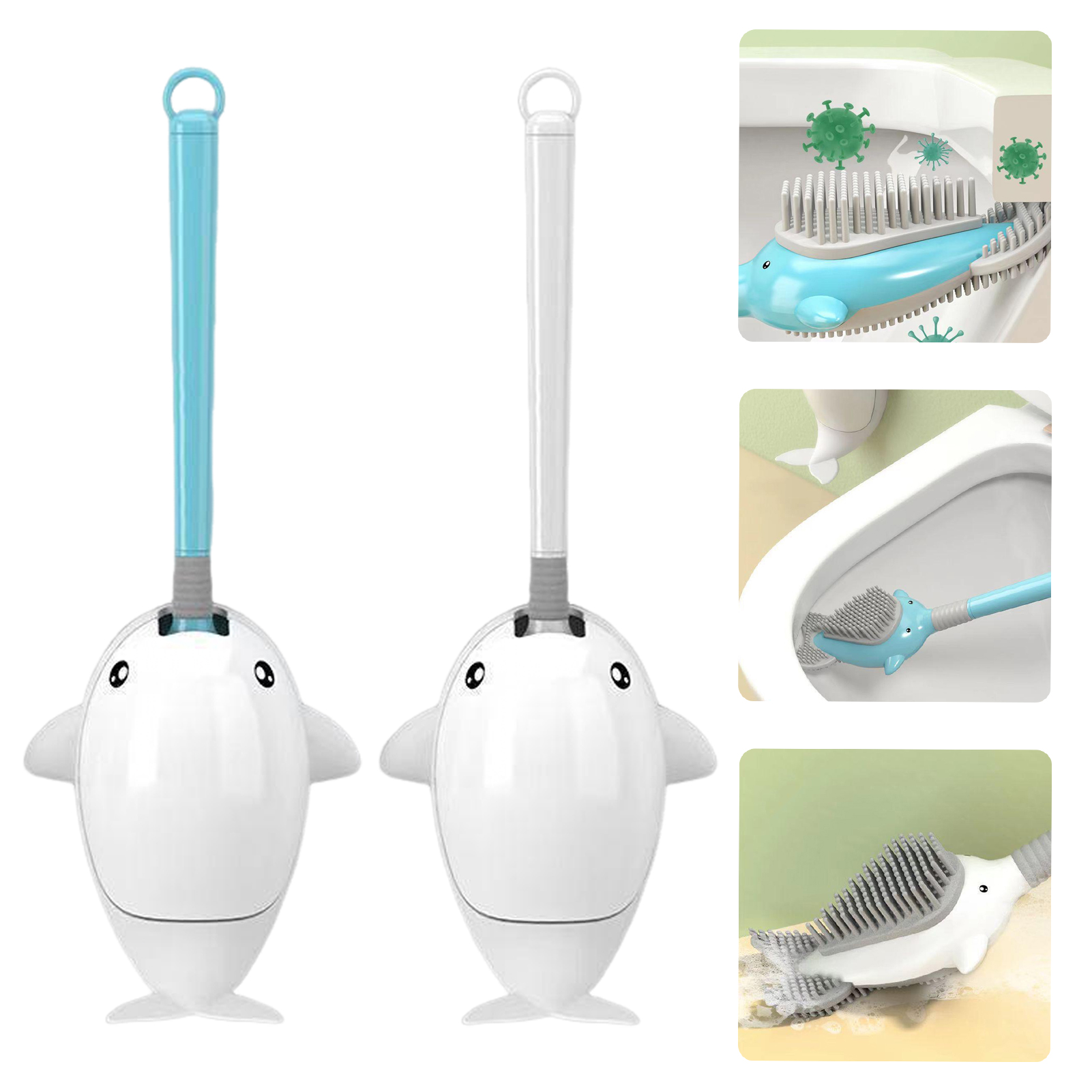 Chống Xước bàn chải bồn cầu Dễ Dàng Để Sử Dụng bàn chải bồn cầu Phim Hoạt Hình thiết kế hình cá heo Silicone Bộ bàn chải bồn cầu Với Treo Tường Chủ Dễ Thương phụ kiện phòng tắm Cho Nhà
