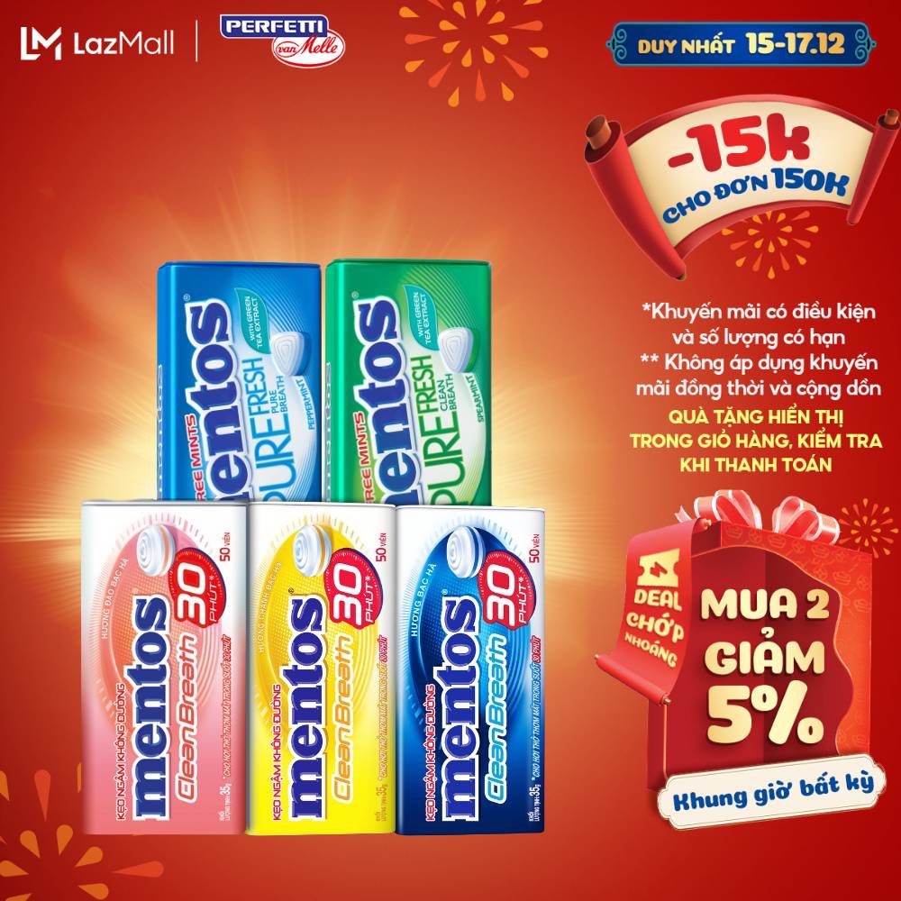 Combo 2 hộp thiếc kẹo Ngậm Không Đường Mentos Clean Breath nhiều hương mang lại hơi thở thơm mát trong suốt 30 phút