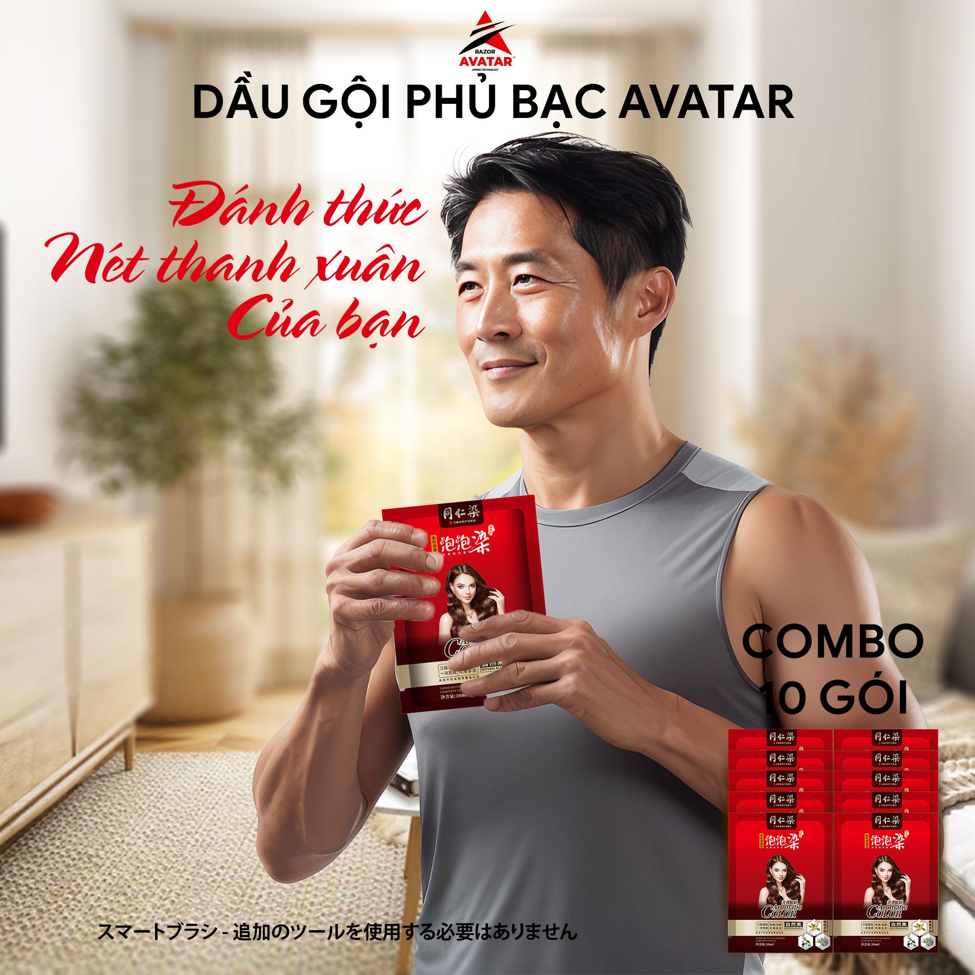 Combo 20 gói dầu gội nhuộm tóc phủ bạc AVATAR màu đen, tinh chất nhân sâm làm đen tóc tự nhiên tại nhà chỉ sau 15 phút