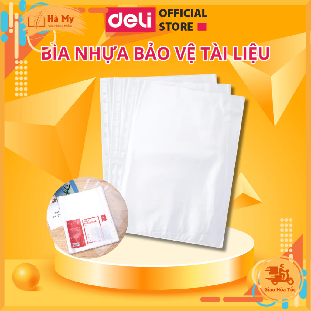 Xấp 100 cái bìa lỗ nhựa bảo vệ tài liệu a4 deli e5712 bìa lá 11 lỗ lưu giữ giấy tờ