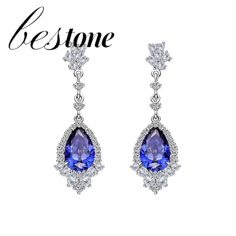 Bestone Tanzanite màu xanh Bông tai thả S925 bạc giả đá ngọc bích Bông tai