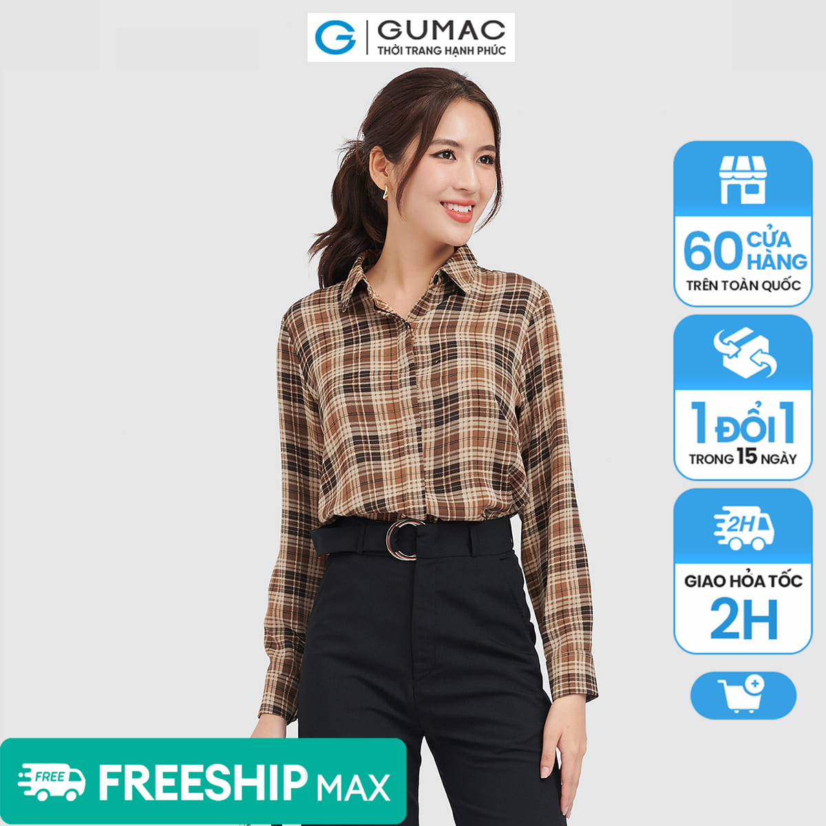 Áo sơ mi nữ gumac, áo sơ mi caro phom suông tay dài ac09042