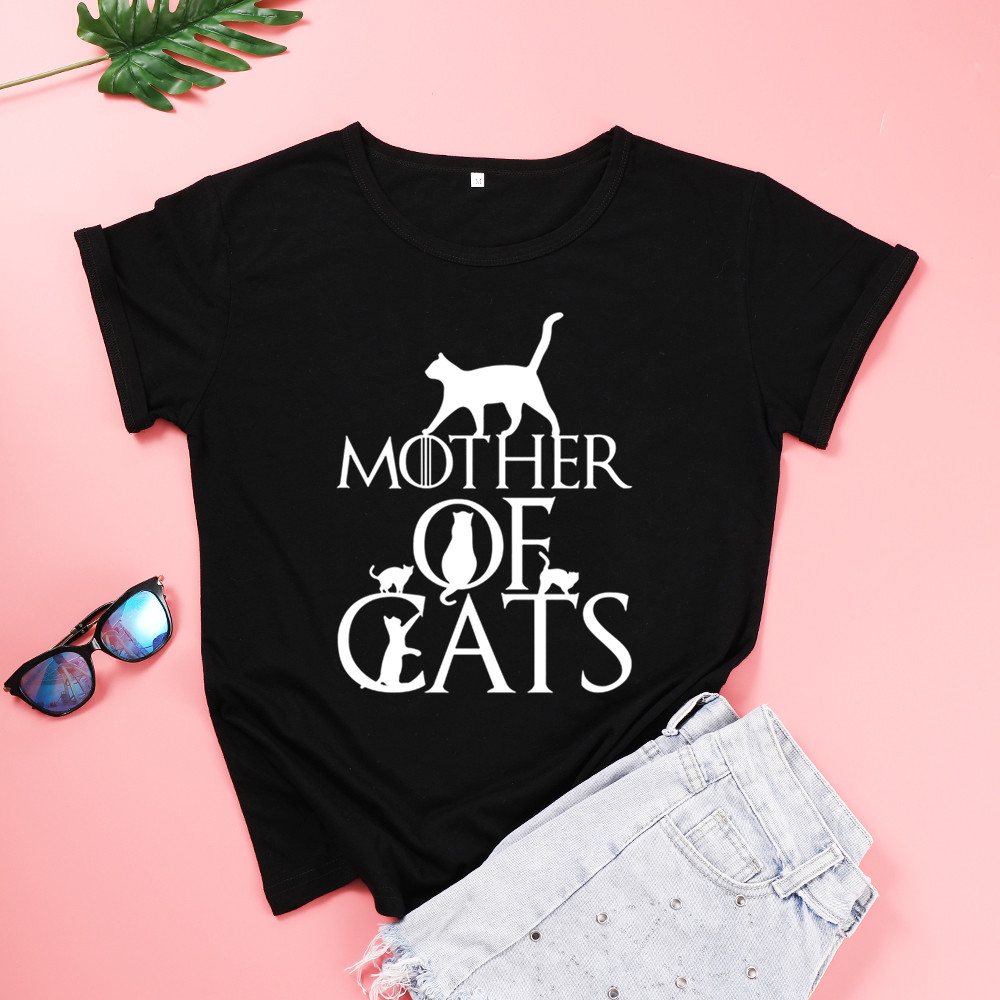 Zbbrdd Mother Of Cats Mom Tshirt Cotton Kawaii Fashion Shirt O Neck Graphic Mama T-Shirt Short Sleev