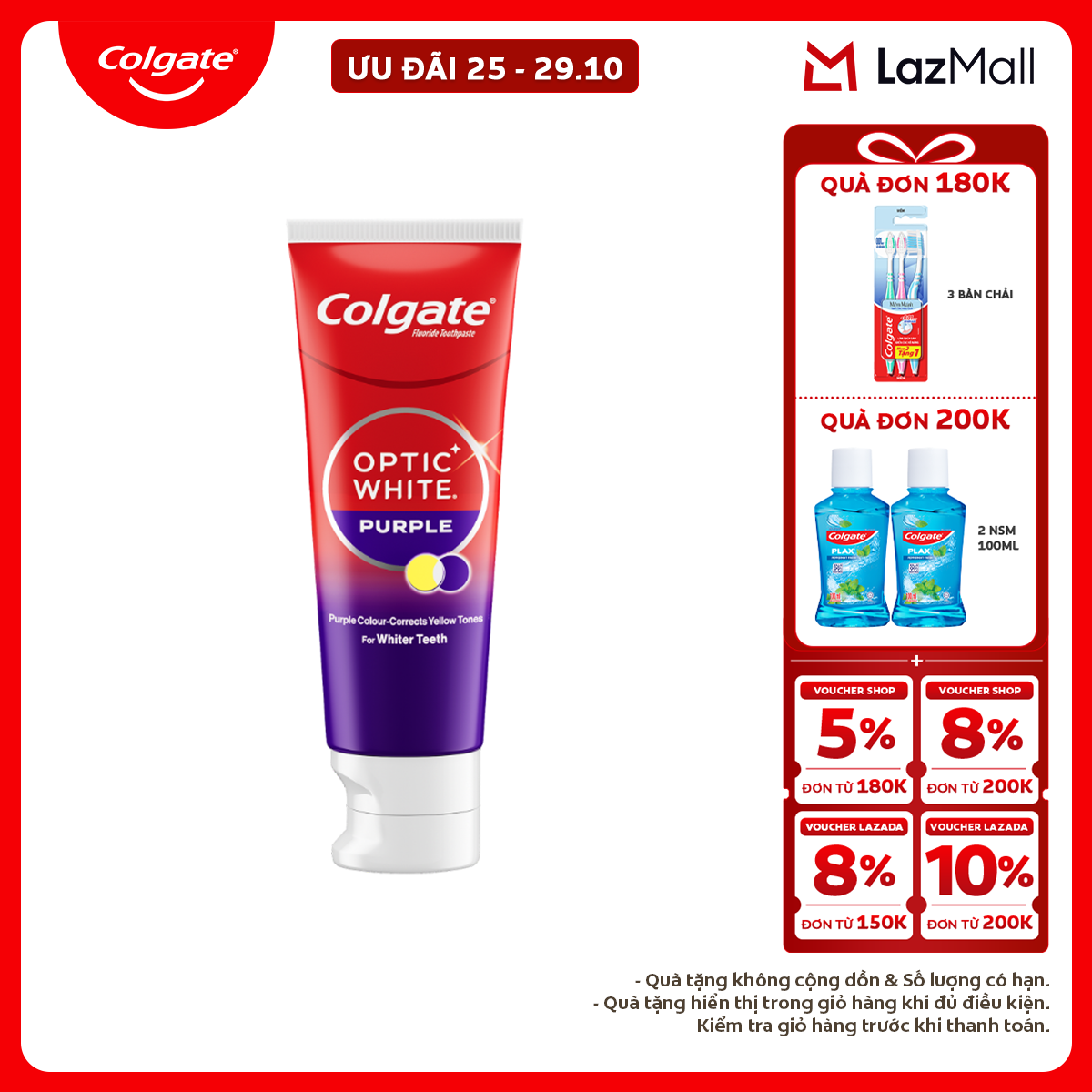 Kem Đánh Răng Colgate trắng răng Optic White Purple 100g - công nghệ sắc tím, hiệu chỉnh sắc vàng trên răng
