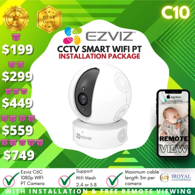 CCTV WIFI INSTALLATION PACKAGE - EZVIZ C6C 1080p Indoor Pan/Tilt WiFi Security Camera 360° Full Room Coverage Auto Motion Tracking Full Duplex Two-Way Audio Clear 30ft Night Vision IP Camera C10
