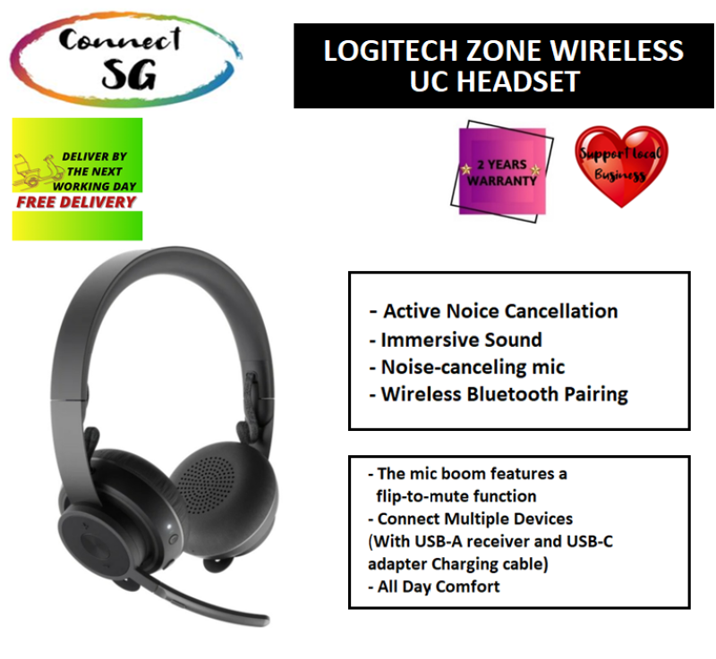Logitech Zone Wireless UC Headset | 981-000915 | Active Noise Cancelling | Bluetooth Headset | Logitech Zone wireless | UC Headset | Flexible Microphone | Foldable | Logitech Zone Wireless UC Headset | 5012959 Singapore