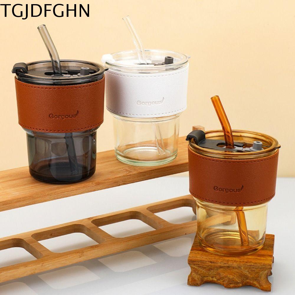 TGJDFGHN 400ml Cốc cà phê có ống hút Trong suốt Đồ uống Cốc sữa thủy tinh Cốc tre gió Chịu nhiệt Phụ nữ