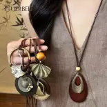 GUERBEIS Dây chuyền mặt dây chuyền bằng gỗ phong cách Thiền Trung Hoa cho nữ, thiết kế hình chim động vật cổ điển với da thủ công và vòng kim loại, chuỗi dài dành cho Hanfu hoặc áo len