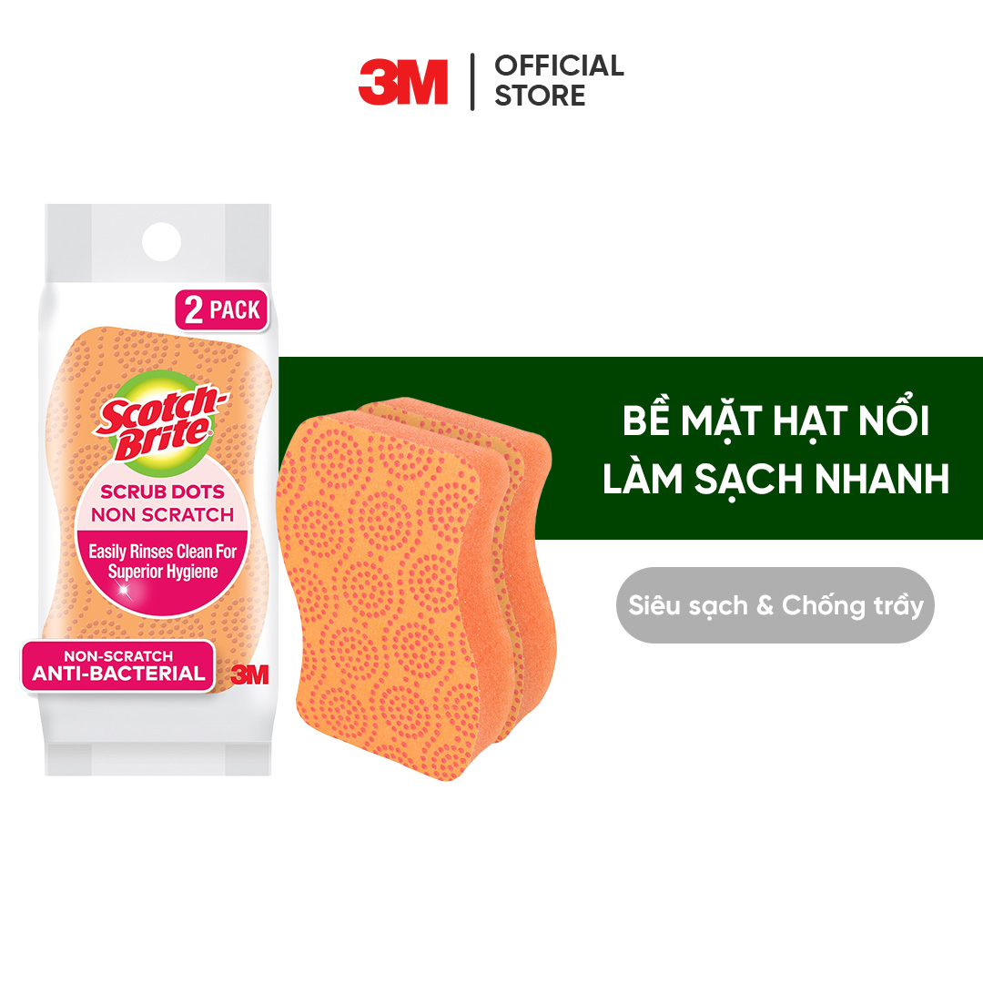 Miếng rửa chén hạt nổi 3MTM Scotch-Brite®, siêu sạch, chống trầy, gói 2 miếng, xanh/cam, Làm sạch các vết bẩn cứng đầu