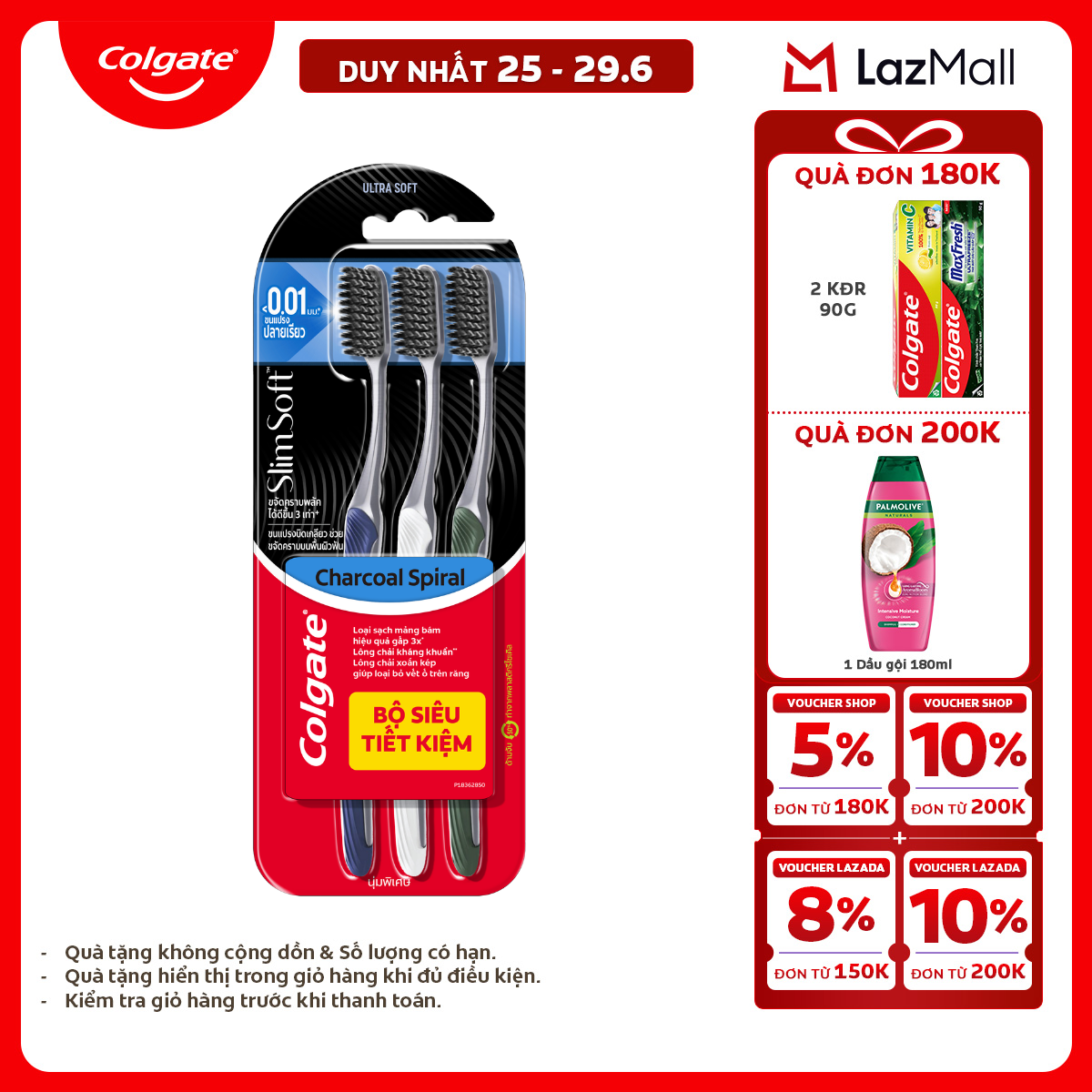 [Chỉ 25-29.6_X2 Voucher giảm đến 20%] [MỚI] Bộ 3 Bàn chải Colgate Slim Soft Charcoal Spiral lông chải kháng khuẩn, xoắn kép loại sạch mảng bám