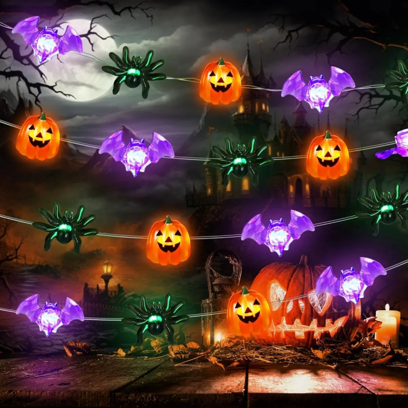 【AT】 1pc LED Halloween Pumpkin Spider Bat String Light Battery Operated Waterproof Indoor And Outdoor Spooky Atmosphere Hanging Decor