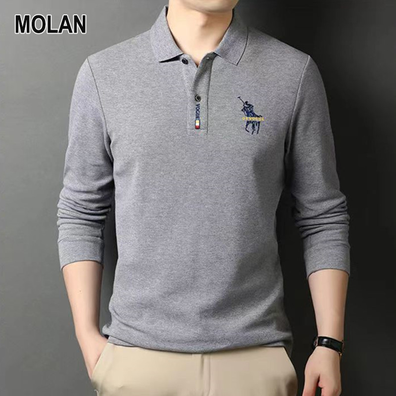  MOLAN Nam ve áo cỡ lỡn cổ áo polo Áo tay dài họa tiết thêu đơn giản công sở dáng rộng áo Polo phong cách 