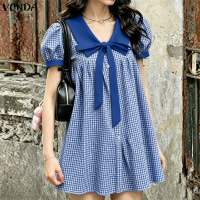 VONDA Korean Style Women Girlish Lapel Lace-Up Plaid Patchwork Dresses Puff Sleeve School Sundress #0629