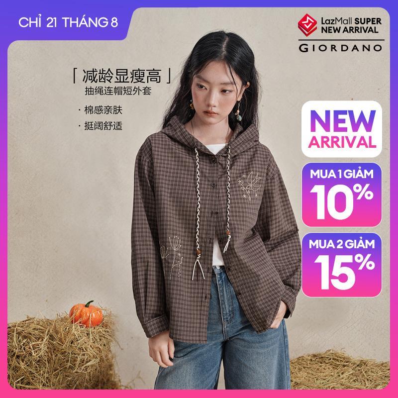 GIORDANO Women Jackets Embroidery Braid Drawstring Hooded Shackets Button Front Fashionable Casual Loose Plaid Shackets 18376308