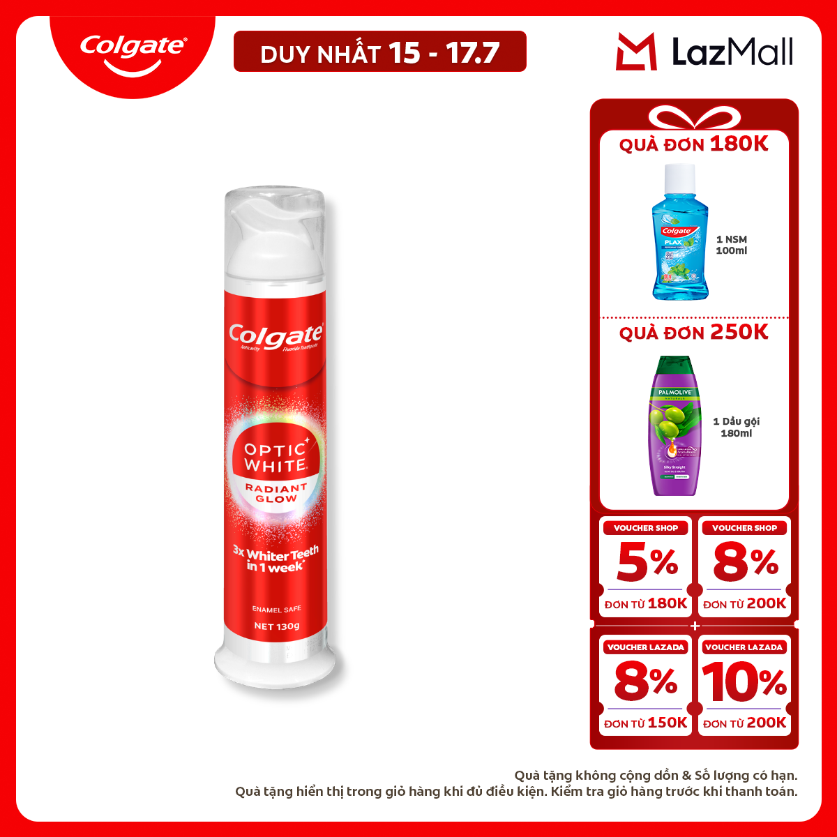 [Chỉ 15-17.7_Mua 2 tặng 1] [MỚI] Kem đánh răng Colgate vòi nhấn thông minh Optic White Radiant Glow, trắng răng trong 7 ngày, khóa chân không hạn chế vi khuẩn 130g/ ống