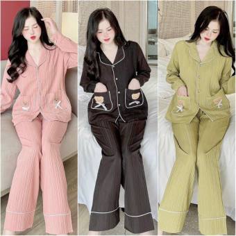 Bộ Đồ Ngủ Nữ Mặc Nhà Pyjama Đũi Gân Dài Tay Quần Dài Mềm Mịn Cho Mùa Thu Đông