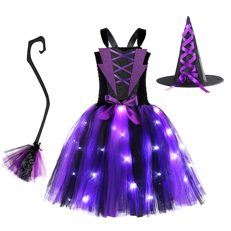 Kids Girls Halloween Costume Lighted Tulle Dress and Witch Hat Broom Set