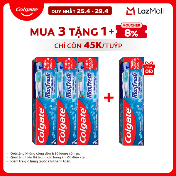 [Chỉ 25-29.4_Mua 3 tặng 1] Bộ 3 Kem đánh răng Colgate MaxFresh ULTRAFREEZE the mát gấp 10X 225g/tuýp tặng bàn chải đánh răng lông tơ cao cấp