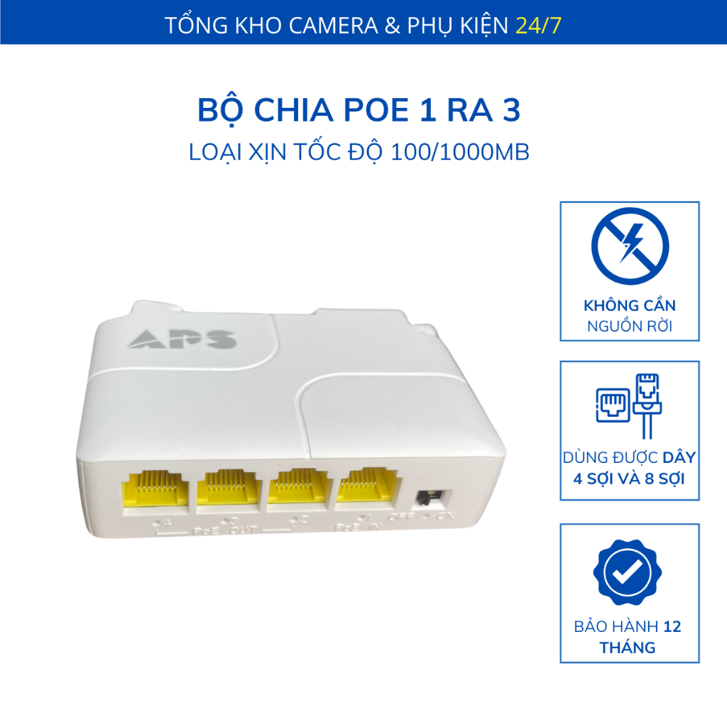 Bộ chia POE APU/APS 1 ra 3 truyền xa 100M/1000M, giúp Camera & WiFi hoạt động ổn định C54
