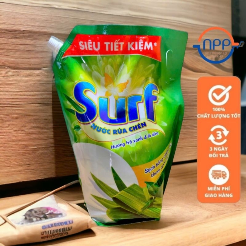 Nước Rửa Chén Surf Hương Trà Xanh Và Lá Dứa Túi 3,4kg