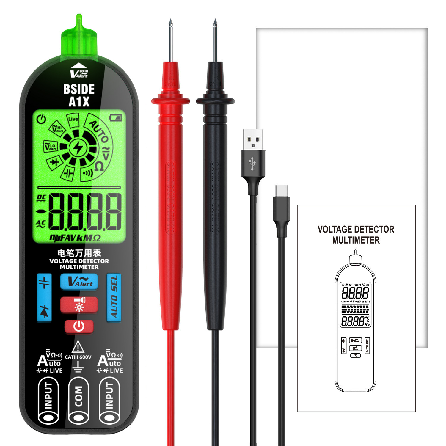 Bside a1x đa năng kế kỹ thuật số 6000 đếm độ chính xác cao thông minh tự động phạm vi Ampe kế RMS thật LCD hiển thị điện áp Meter Non-Contact Điện áp DC/AC hiện tại điện áp điện dung Diode điện trở Tester đèn nền với đèn sạc USB